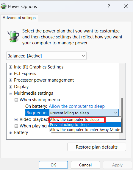 Cambie la configuración multimedia para permitir que la PC entre en modo de suspensión