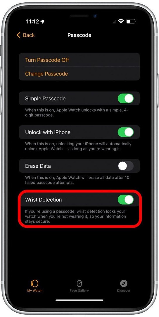 Apple Watch에서 손목 감지가 활성화되어 있는지 확인