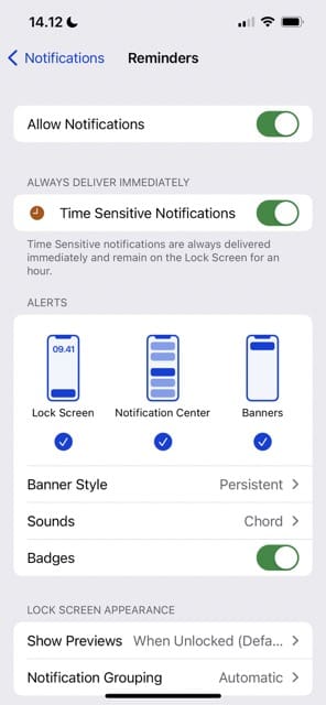 Escolha Permitir configurações de notificações Captura de tela do iOS