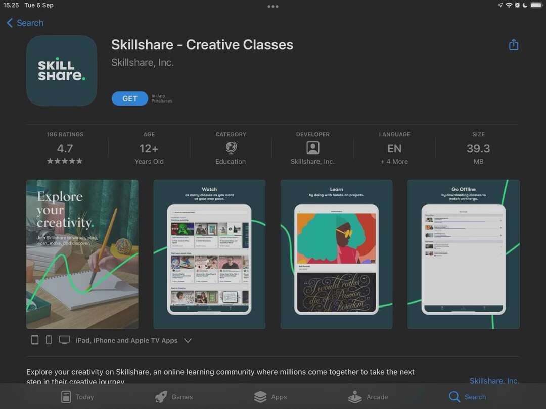 „App Store“ esančios „Skillshare iPad“ programos ekrano kopija