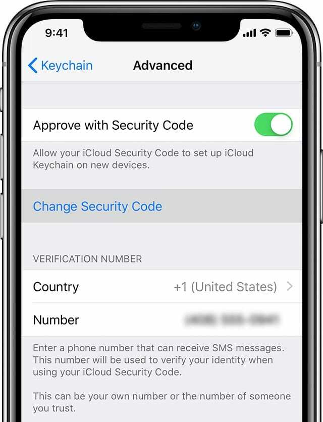 iCloud keychain დამტკიცებულია უსაფრთხოების კოდით