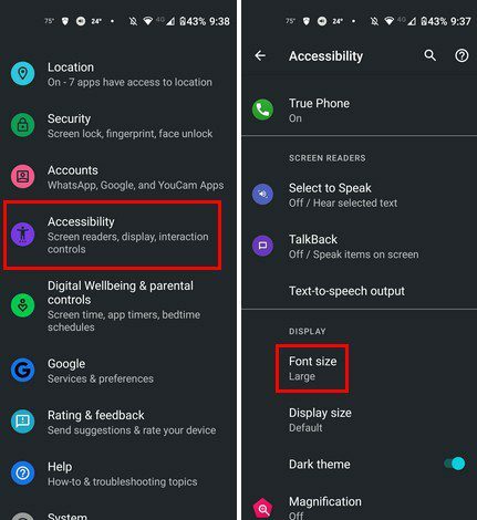 Asetukset tekstin koko Android