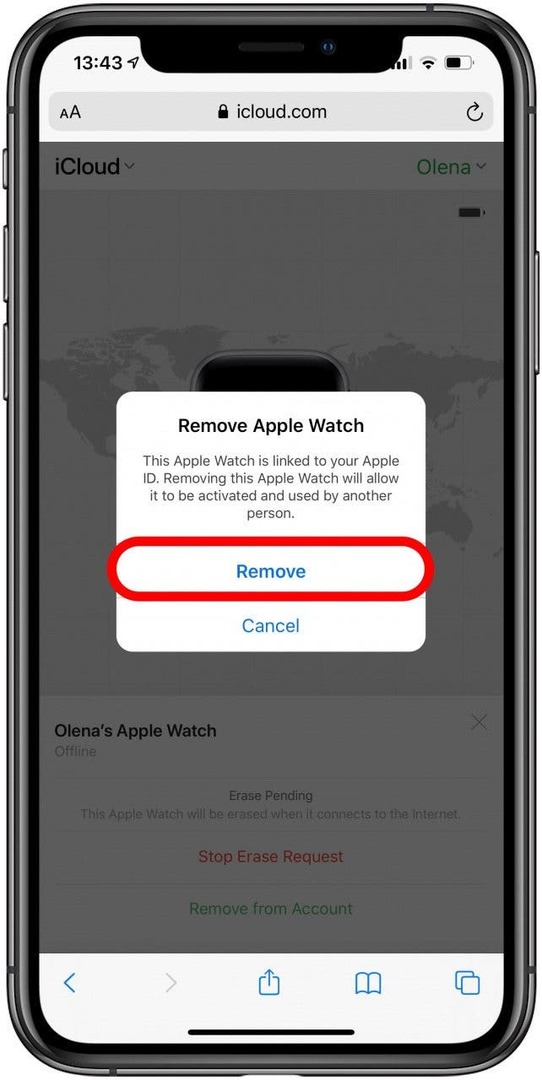 Подтвердите удаление Apple Watch из iCloud