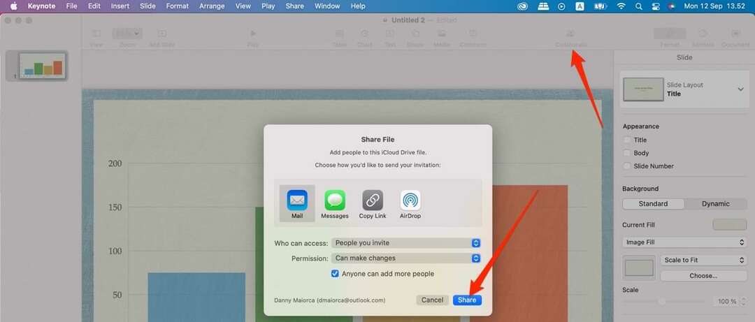 Mac के लिए Keynote ऐप पर सहयोग विकल्प दिखाने वाला स्क्रीनशॉट