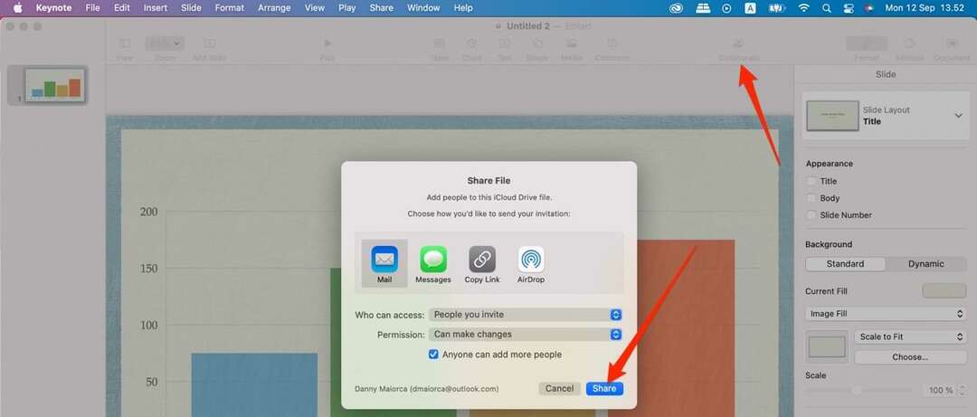 Capture d'écran montrant les options de collaboration sur l'application Keynote pour Mac