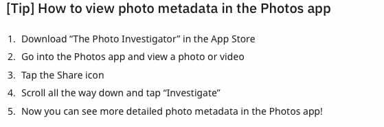 iOS 13 Photosi metaandmed Photo Investigatori kaudu