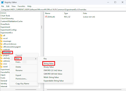 คลิกขวาที่โฟลเดอร์ Overrides เลือก New String