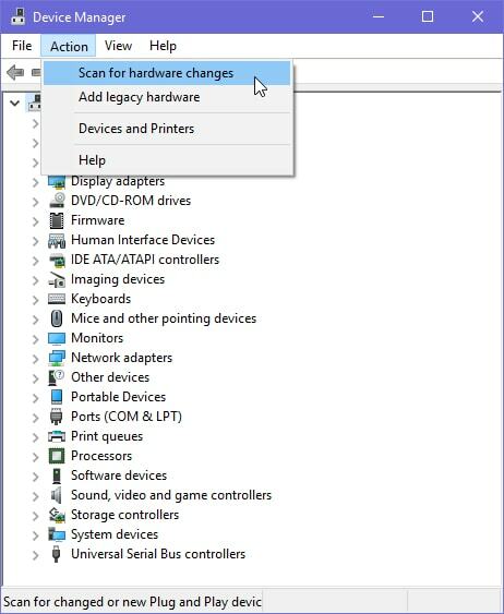 Buscar cambios de hardware desde el Administrador de dispositivos