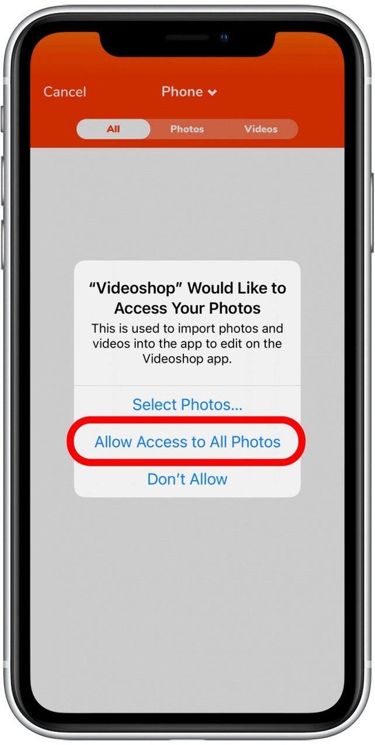 Tippen Sie auf Zugriff auf alle Fotos erlauben. Sie können der App alternativ Zugriff auf bestimmte einzelne Fotosvideos gewähren, wenn Sie dies bevorzugen.