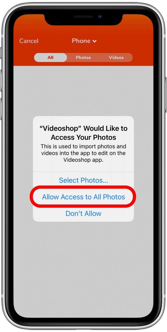 Trykk på Tillat tilgang til alle bilder. Du kan alternativt gi appen tilgang til spesifikke individuelle fotovideoer hvis du foretrekker det.