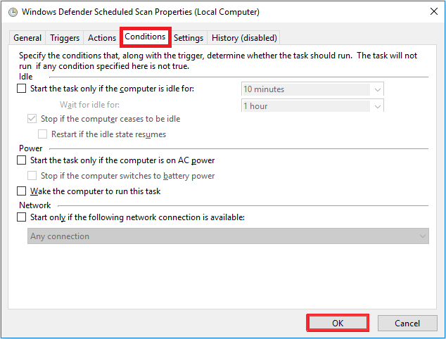 scheda delle condizioni per l'attività pianificata di Windows Defender
