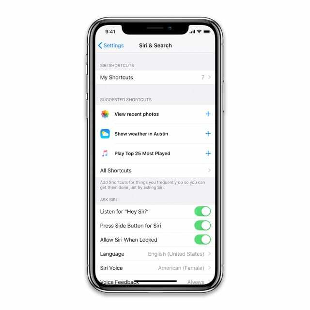 „Siri“ nustatymai „iOS 12“ su „Siri“ nuorodomis