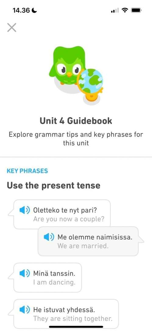 Skjermbilde som viser en Duolingo-guidebok