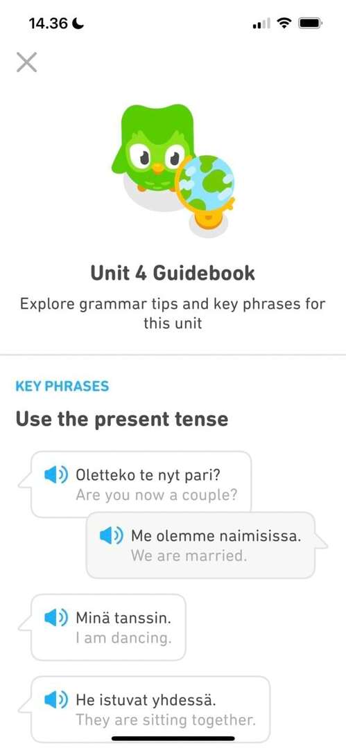 Captura de tela mostrando um guia do Duolingo