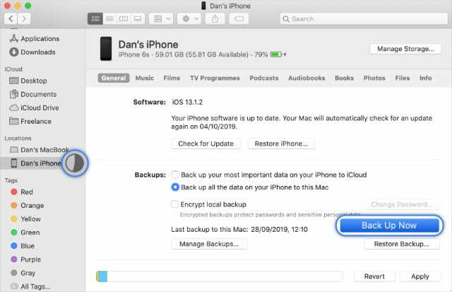 Faça o backup agora e o progresso do backup do iPhone no Finder do macOS Catalina