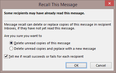 תיבת הדו-שיח של Outlook Recall Message This