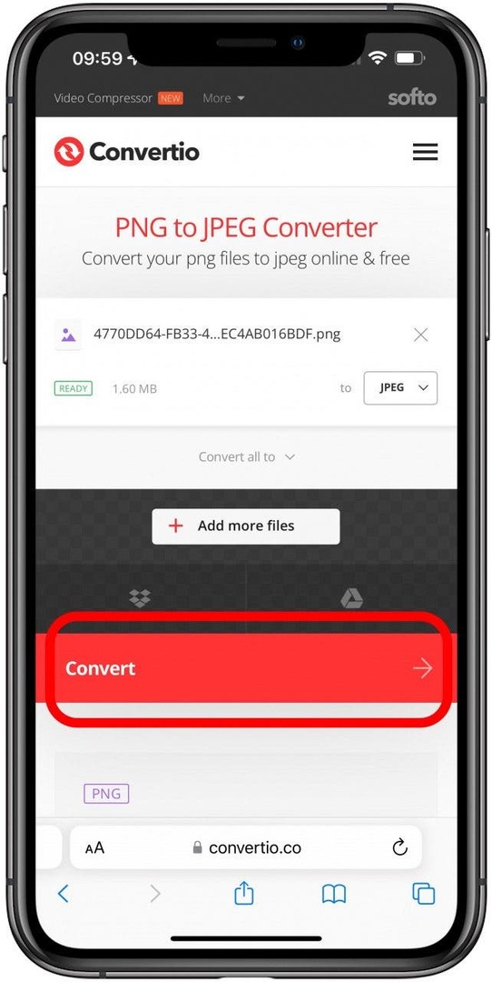 Tippen Sie auf Konvertieren, um PNG in JPEG umzuwandeln