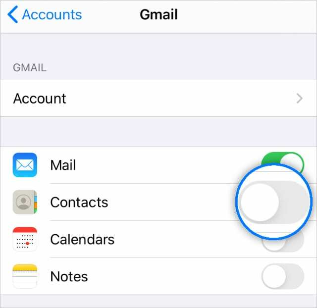 Пароль и учетные записи Переключить контакты Gmail