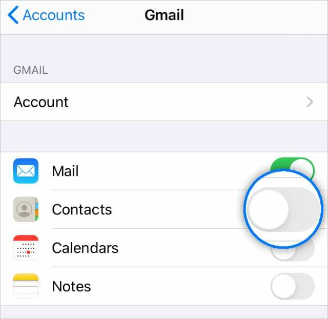 Mot de passe et comptes Gmail Contacts bascule