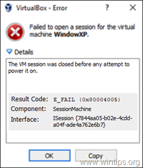VIX VirtualBox 오류 " 전원을 켜기 전에 VM 세션이 닫혔습니다"