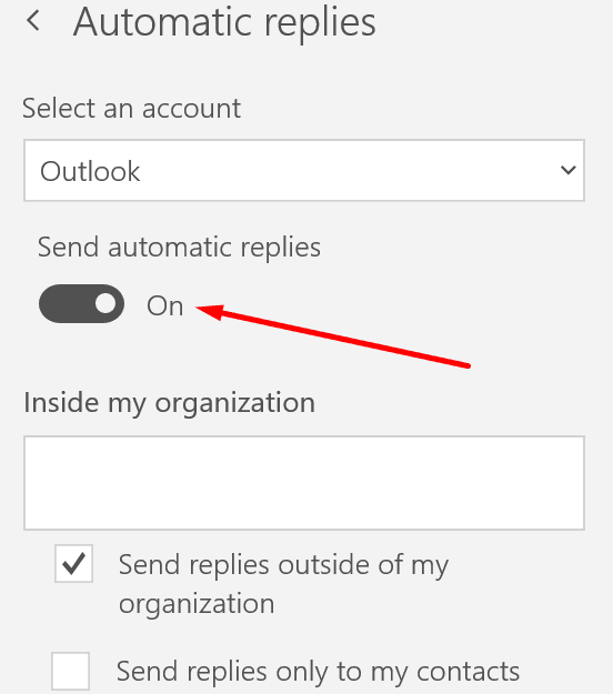configurações de resposta automática do Outlook