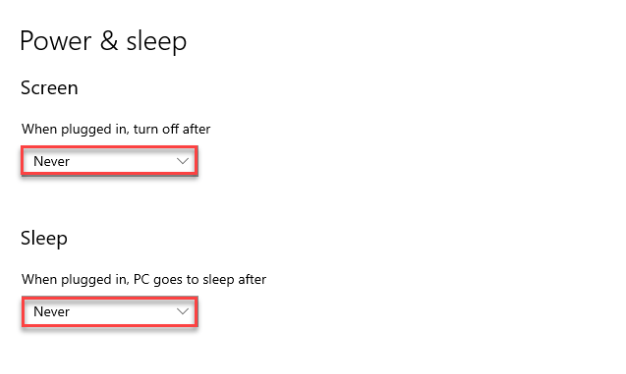ตั้งค่าเป็น Never ภายใต้ตัวเลือก Screen and Sleep