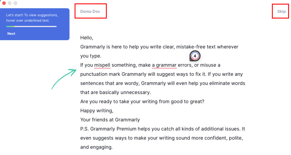 المستند التجريبي على تطبيق Grammarly