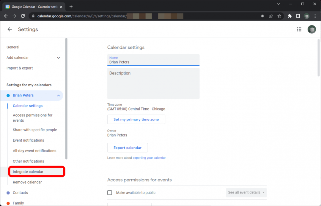 Календар Google у Chrome на екрані налаштувань для певного календаря з опцією Інтегрувати, позначеною на бічній панелі.
