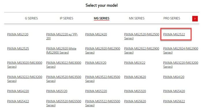 MG सीरीज से PIXMA MG2522 प्रिंटर मॉडल चुनें