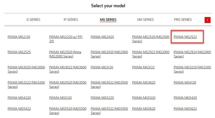 Seleziona il modello di stampante PIXMA MG2522 dalla serie MG