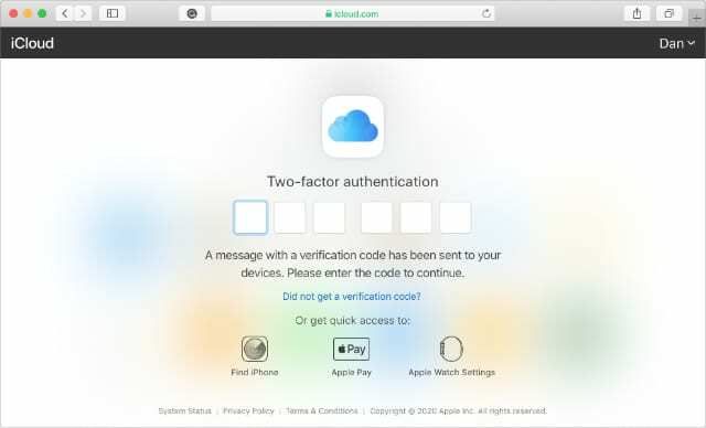 Прозорец за двуфакторно удостоверяване за уебсайт на iCloud