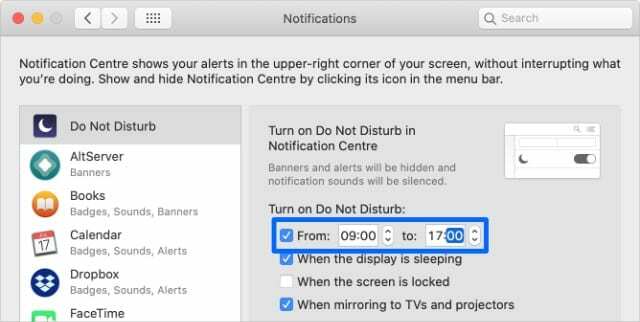 Опциите за график на „Не безпокойте“ в системните предпочитания на Mac