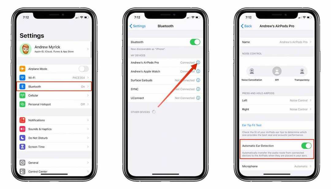 स्वचालित ईयर डिटेक्शन एयरपॉड्स प्रो टॉगल करें