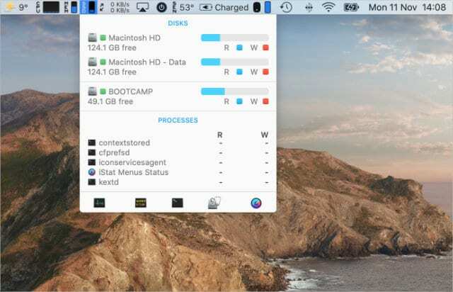 Menu iStat pokazujące informacje o dysku SSD z paska menu
