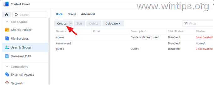 Felhasználók létrehozása a Synology NAS-on.