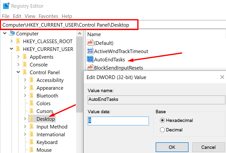 editor del registro di autoendtasks Windows 10