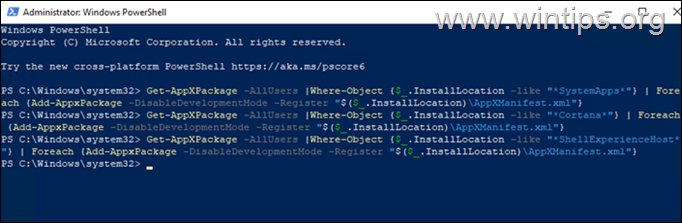 ติดตั้งแอประบบใหม่, Cortana & ShellExperienceHost สำหรับผู้ใช้ทั้งหมด