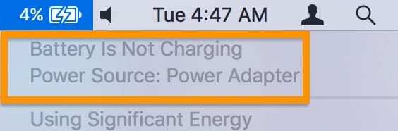 Menu da bateria do MacBook dizendo " Não está carregando".