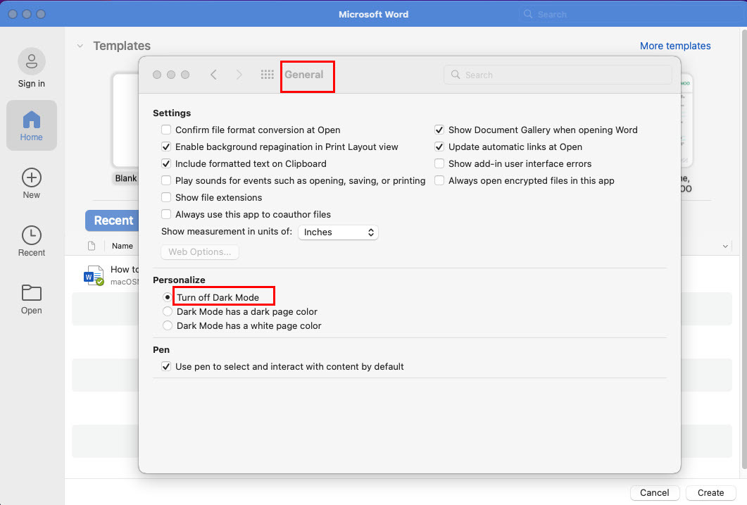 No Word Preferences skatiet, kā izslēgt tumšo režīmu programmā Word Mac datorā