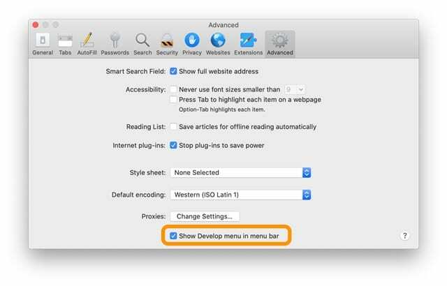 Mac Safari menunjukkan menu pengembangan