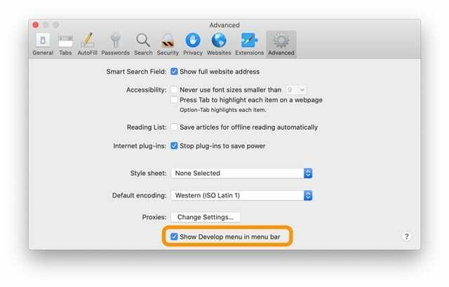 Mac Safari show fejlesztői menü