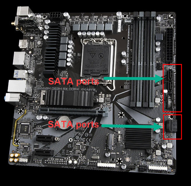 Bir anakart üzerindeki SATA bağlantı noktalarının şeması (Fotoğraf: Gigabyte'ın izniyle)