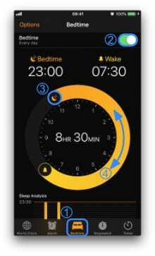 Capture d'écran de l'onglet Heure du coucher montrant comment l'utiliser