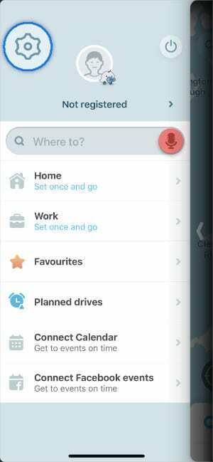 Botão de configurações do Waze na tela do menu