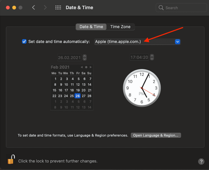 macbook Автоматично встановлюйте дату та час