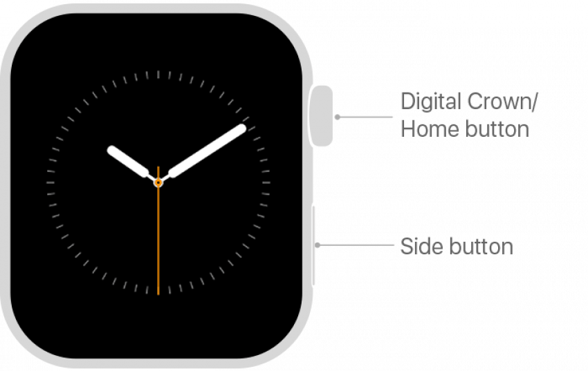 Stlačte tlačidlo Domov na hodinkách Apple Watch – obrázok podpory Apple