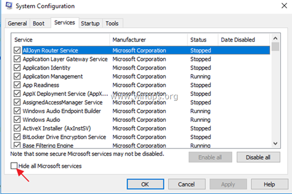 deaktiver ikke-microsoft-tjenester