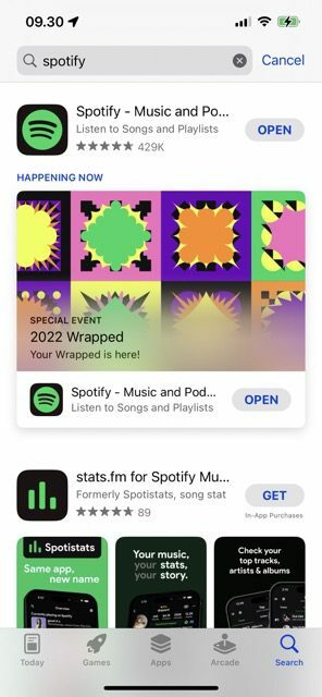 snímka obrazovky zobrazujúca výsledky vyhľadávania v obchode s aplikáciami v službe Spotify