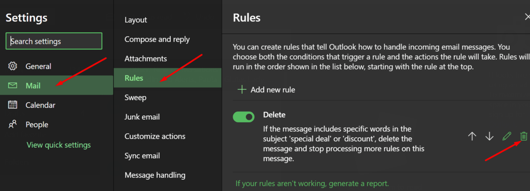 smazat pravidla aplikace Outlook
