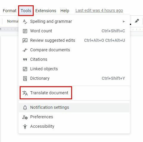 Traduzir opção Google Docs